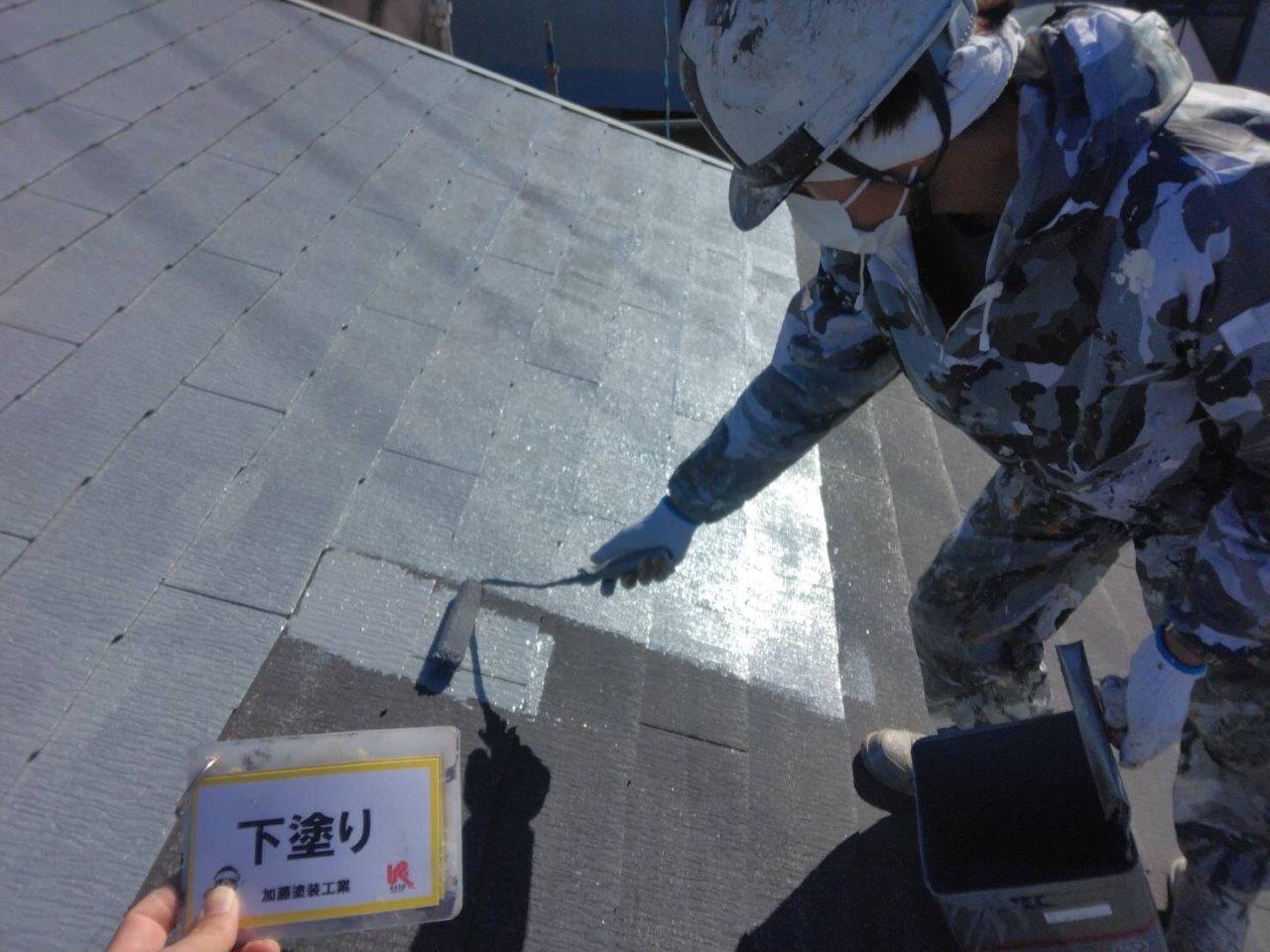 熊本市北区麻生田　W様邸　外壁塗装工事　中塗り　屋根の下塗り　雨どい塗装　
