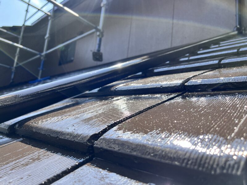 雨どいと下屋のお写真です。太陽光を受けてキラキラと艶めいています。