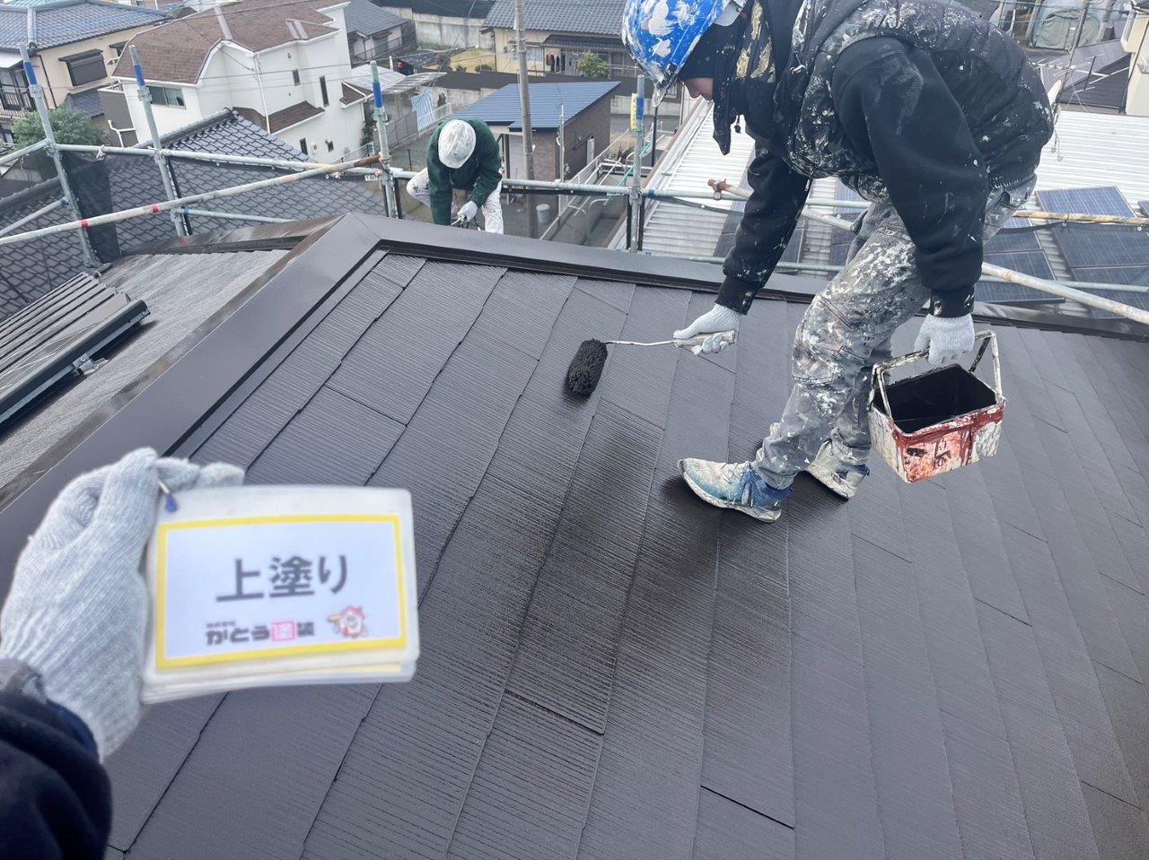 熊本市北区麻生田スレート屋根塗装，上塗り