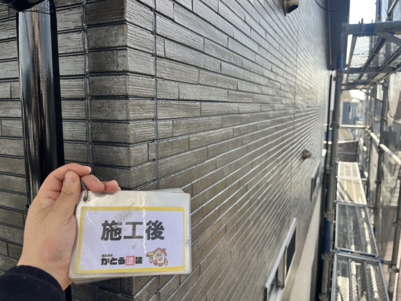 施工後の外壁のお写真です。<br />コーキングもすべて打ち直し、どの角度から見ても美しい仕上がりです。