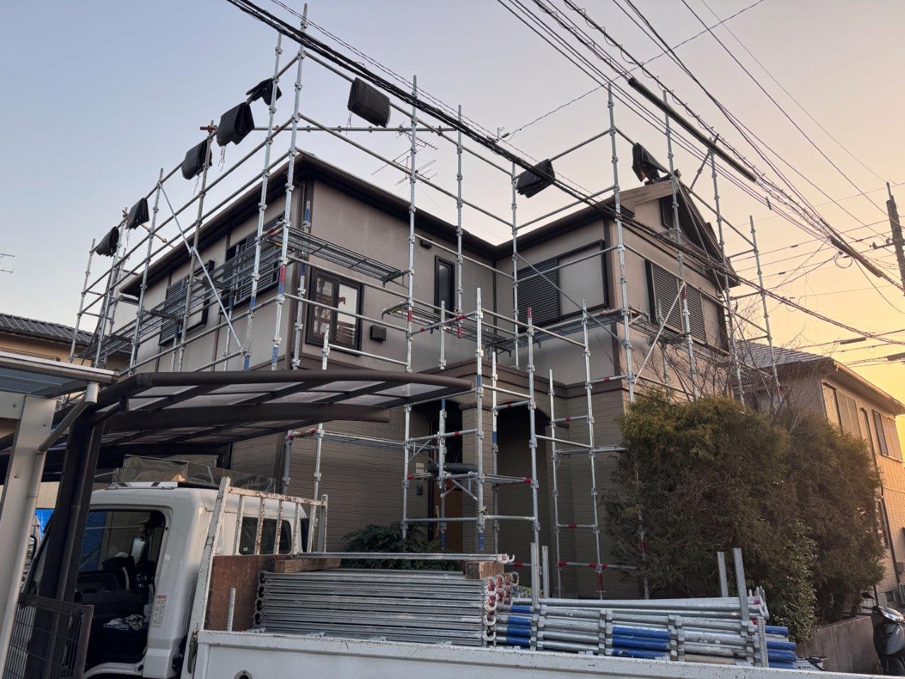 菊陽町Y様邸外壁塗装，足場組立