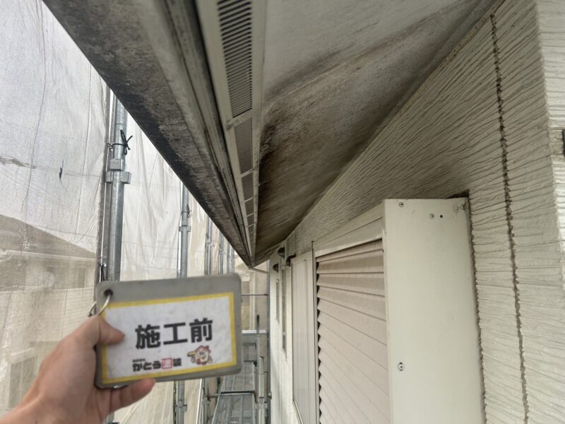 軒天や雨樋は真っ黒になっていました。<br />防水性・耐久性が低下しています。