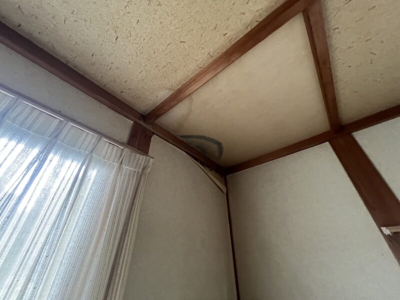室内の天井には雨染みがあり、クロスが剥がれてきています。