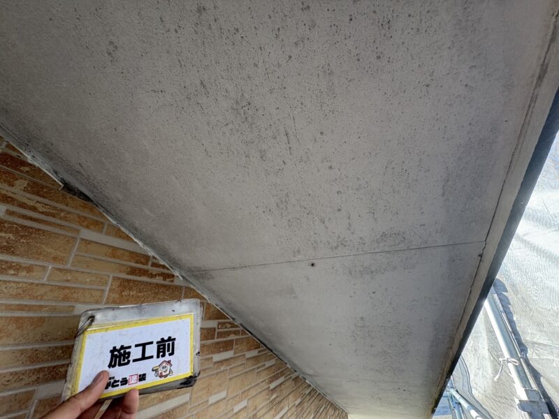 軒天は防水性が失われ、黒く汚れていました。