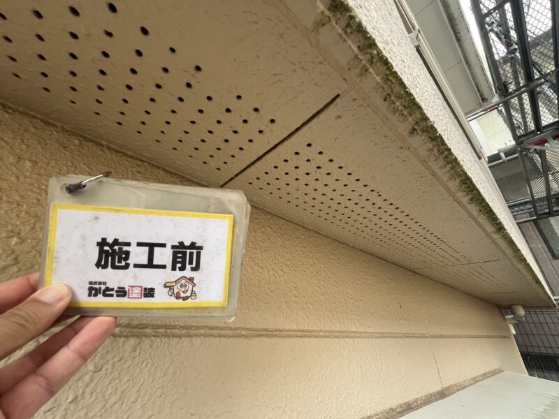 軒天は防水性能が低下し、湿気が溜まり、コケや藻が付着していました。