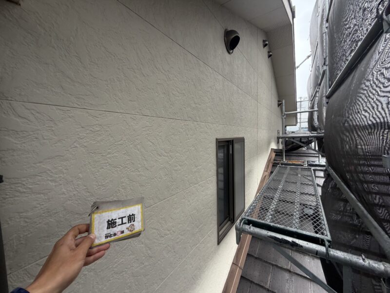 外壁の凹凸にびっしりとコケや藻、汚れが付着していました。